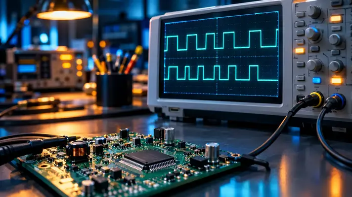 DPWM meaning shown through digital PWM pulses on an oscilloscope beside a circuit board
