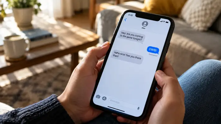 what does dwbi mean in text — close-up of a smartphone showing a DWBI text message