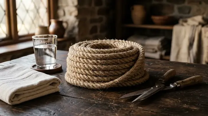 Jute rope coils and safety shears on a wooden table showing the rope bunny meaning and rope safety basics