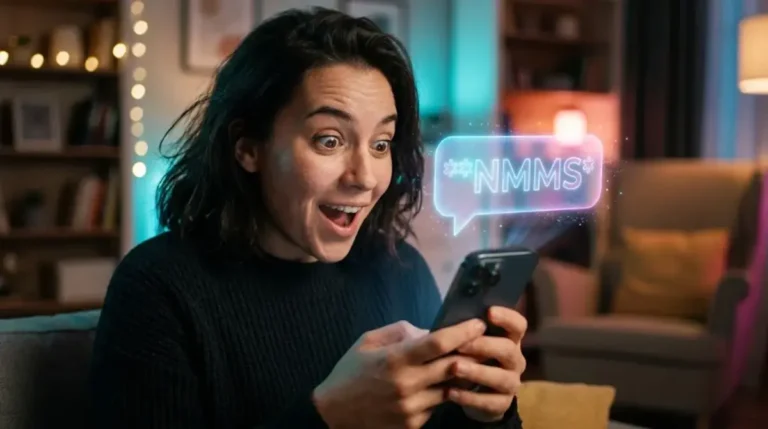 Surprised person looking at smartphone screen displaying nmms meaning in text message slang