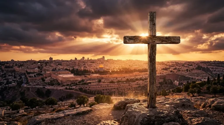tetelestai meaning ancient wooden cross at golden sunset over Jerusalem hills
