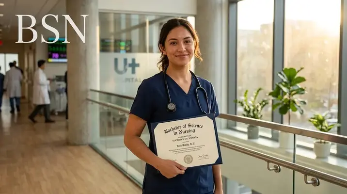 bsn meaning explained with nursing degree certificate and stethoscope on a modern hospital desk