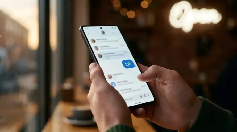 Close-up of a smartphone screen displaying a chat bubble to explain what do igh mean in a text conversation.