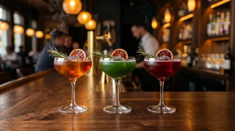 Zero proof meaning explained through three elegant alcohol-free cocktails on a dark walnut bar counter
